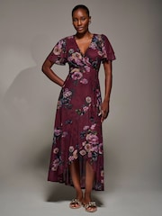 Jolie Moi Red Angel Sleeve Mesh Frill Wrap Maxi Dress - Image 4 of 6
