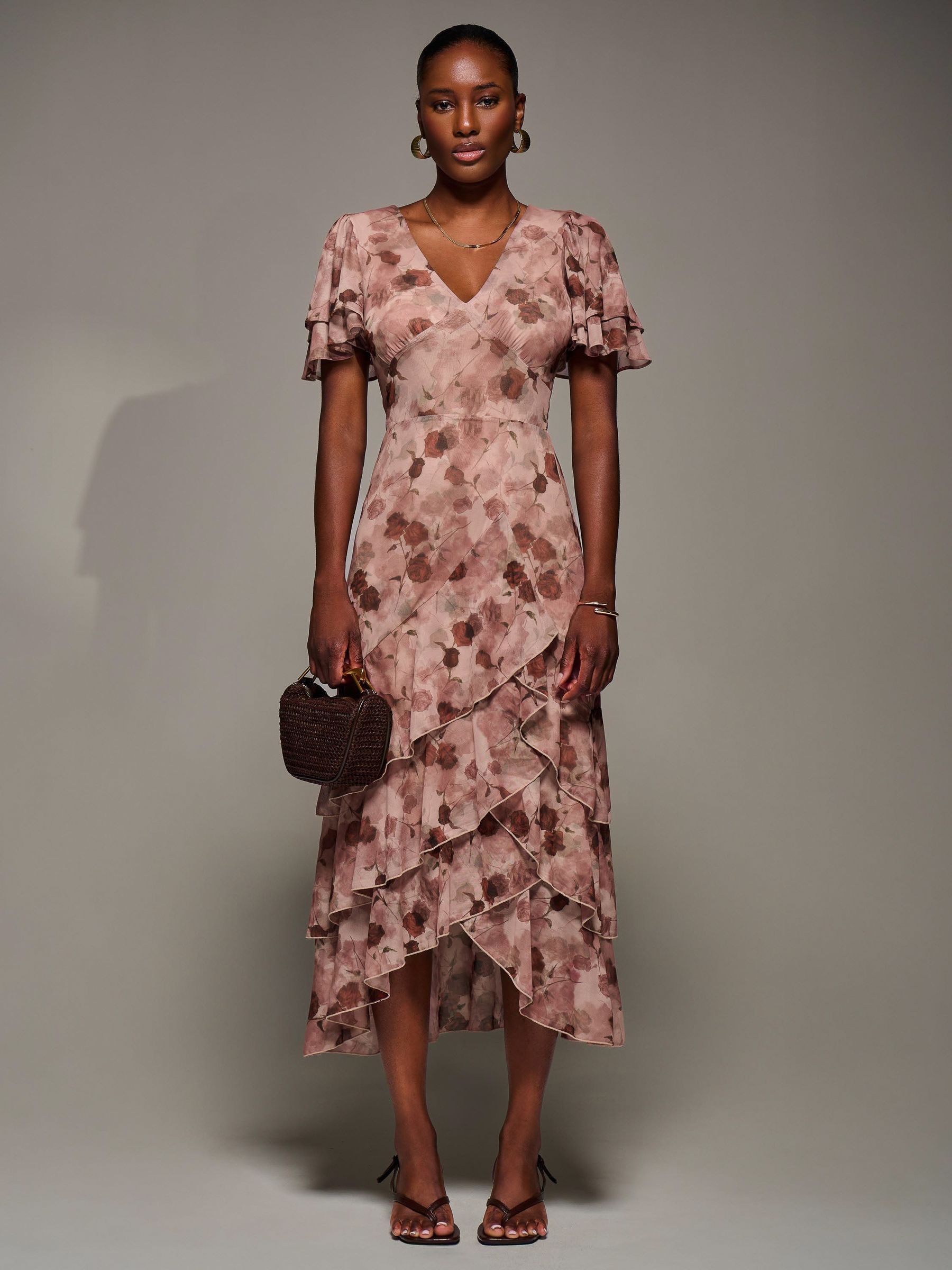 Queenie Angel Sleeve Ruffle Trim Dress Mocha
