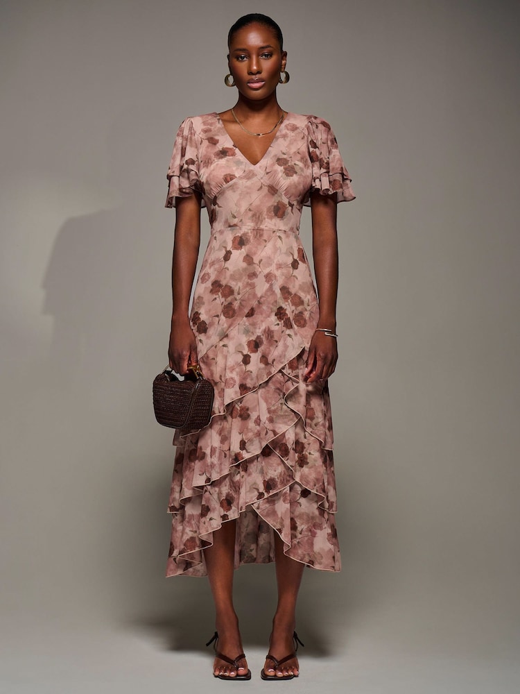 Jolie Moi Pink Angel Sleeve Ruffle Hem Mesh Midaxi Dress - Image 1 of 6