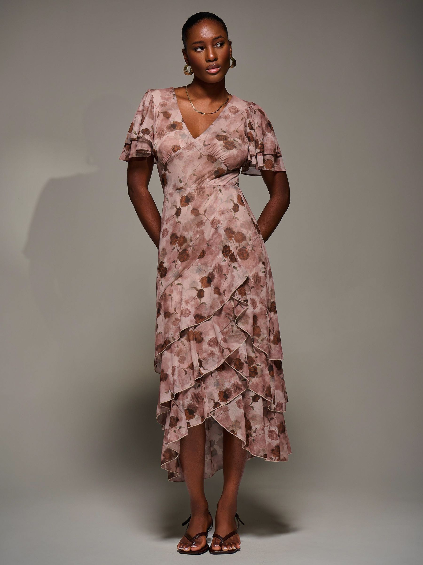 Buy Jolie Moi Pink Angel Sleeve Ruffle Hem Mesh Midaxi Dress from