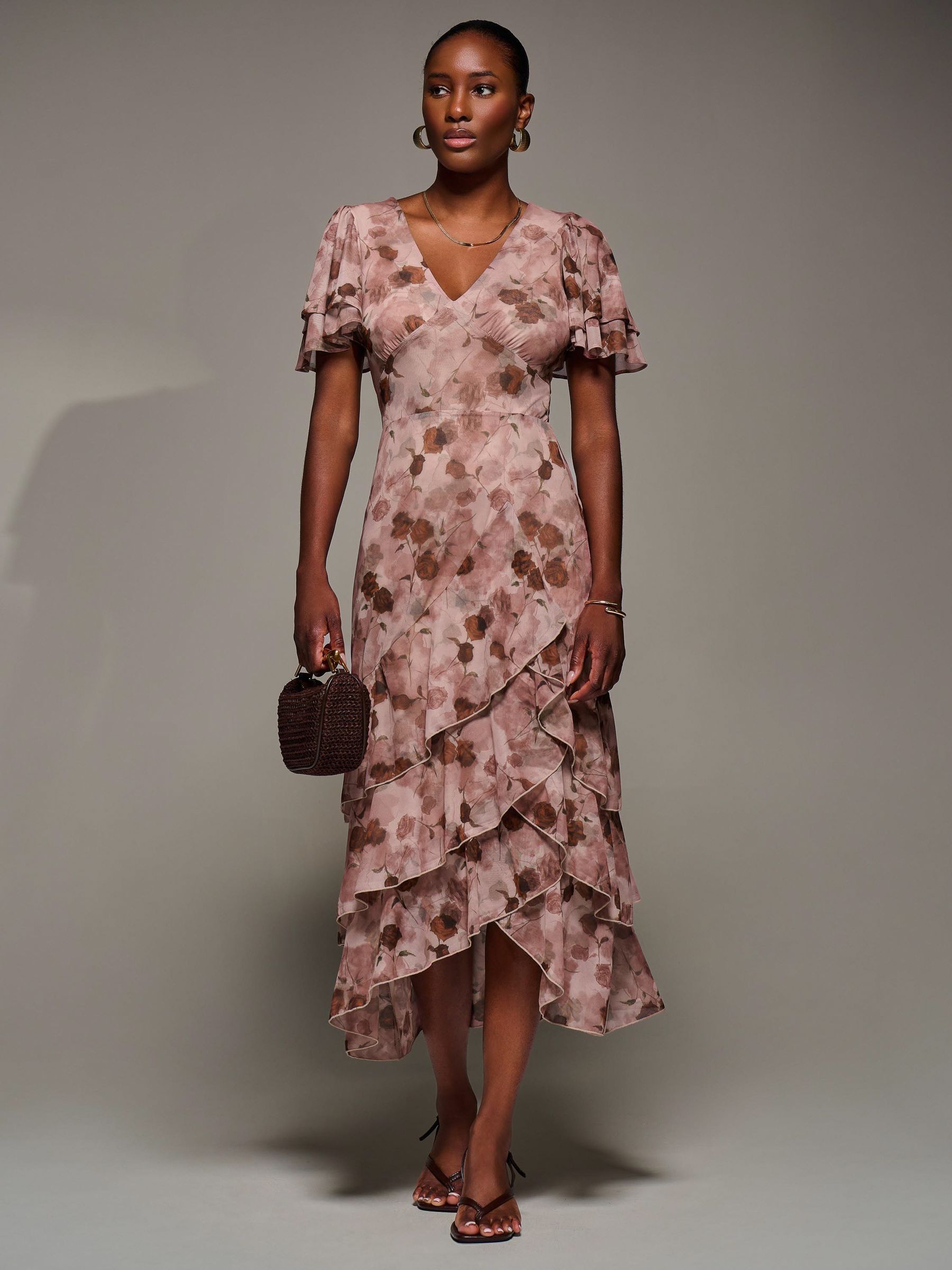 Buy Jolie Moi Pink Angel Sleeve Ruffle Hem Mesh Midaxi Dress from