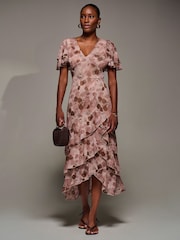 Jolie Moi Pink Angel Sleeve Ruffle Hem Mesh Midaxi Dress - Image 4 of 6