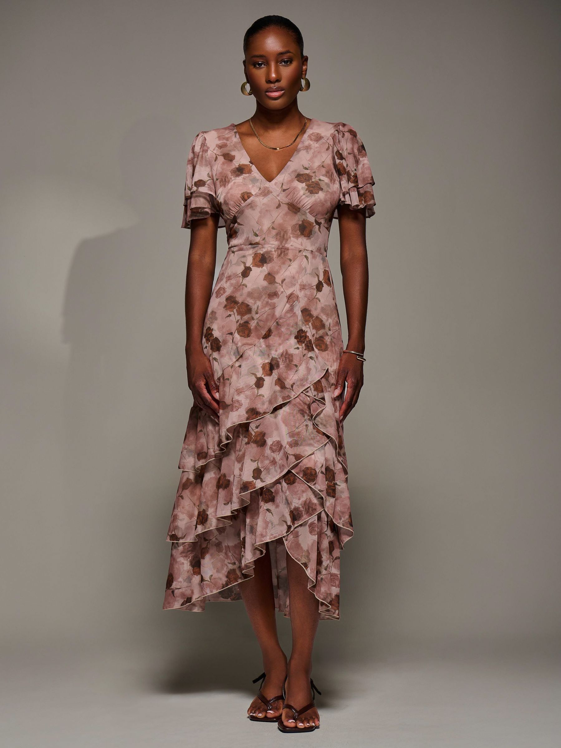 Keziah Angel Sleeve Ruffle Trim Dress Spotty Print Mocha