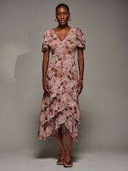 Jolie Moi Pink Angel Sleeve Ruffle Hem Mesh Midaxi Dress - Image 5 of 6
