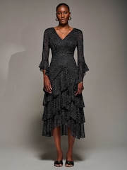 Jolie Moi Black Ruffle Sleeve Tiered Mesh Midaxi Dress - Image 1 of 6