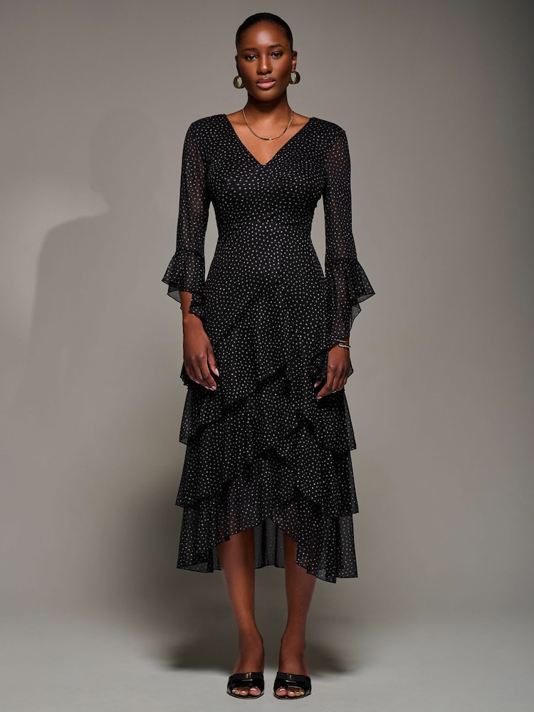 Jolie Moi Black Ruffle Sleeve Tiered Mesh Midaxi Dress - Image 1 of 6 Jolie Moi Black Ruffle Sleeve Tiered Mesh Midaxi Dress - Image 1 of 6