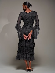 Jolie Moi Black Ruffle Sleeve Tiered Mesh Midaxi Dress - Image 2 of 6