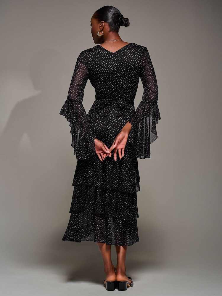 Jolie Moi Black Ruffle Sleeve Tiered Mesh Midaxi Dress - Image 2 of 6