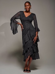 Jolie Moi Black Ruffle Sleeve Tiered Mesh Midaxi Dress - Image 3 of 6