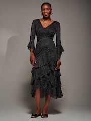 Jolie Moi Black Ruffle Sleeve Tiered Mesh Midaxi Dress - Image 4 of 6