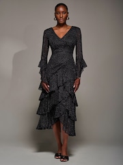Jolie Moi Black Ruffle Sleeve Tiered Mesh Midaxi Dress - Image 5 of 6