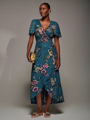 Jolie Moi Green Angel Sleeve Mesh Frill Wrap Maxi Dress - Image 1 of 6