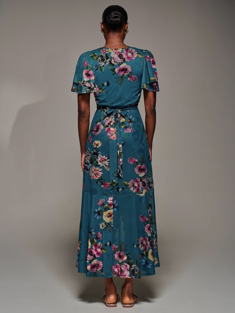 Jolie Moi Green Angel Sleeve Mesh Frill Wrap Maxi Dress - Image 2 of 6