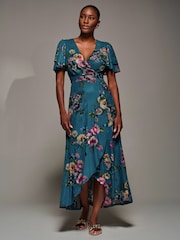 Jolie Moi Green Angel Sleeve Mesh Frill Wrap Maxi Dress - Image 6 of 6