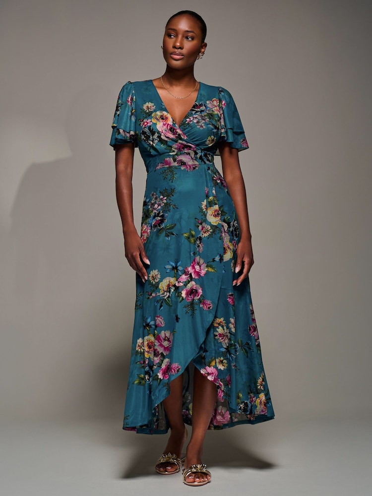 Jolie Moi Green Angel Sleeve Mesh Frill Wrap Maxi Dress - Image 6 of 6 Jolie Moi Green Angel Sleeve Mesh Frill Wrap Maxi Dress - Image 6 of 6