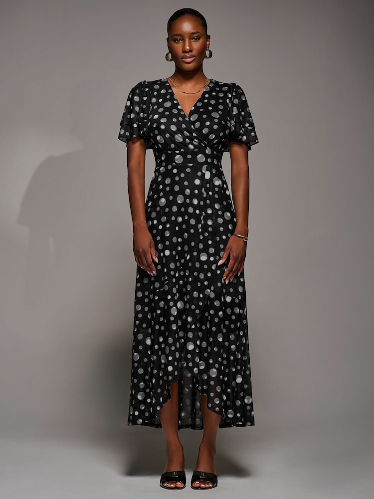 Jolie Moi Black Angel Sleeve Mesh Frill Wrap Maxi Dress - Image 1 of 6