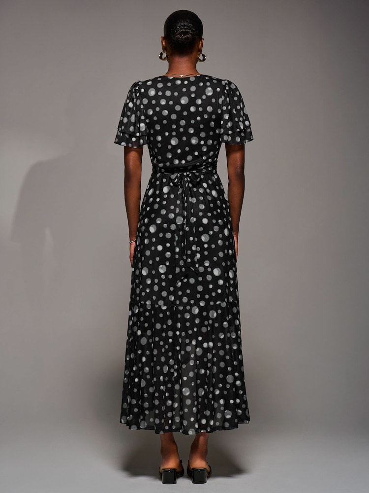 Jolie Moi Black Angel Sleeve Mesh Frill Wrap Maxi Dress - Image 2 of 6