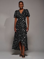 Jolie Moi Black Angel Sleeve Mesh Frill Wrap Maxi Dress - Image 4 of 6