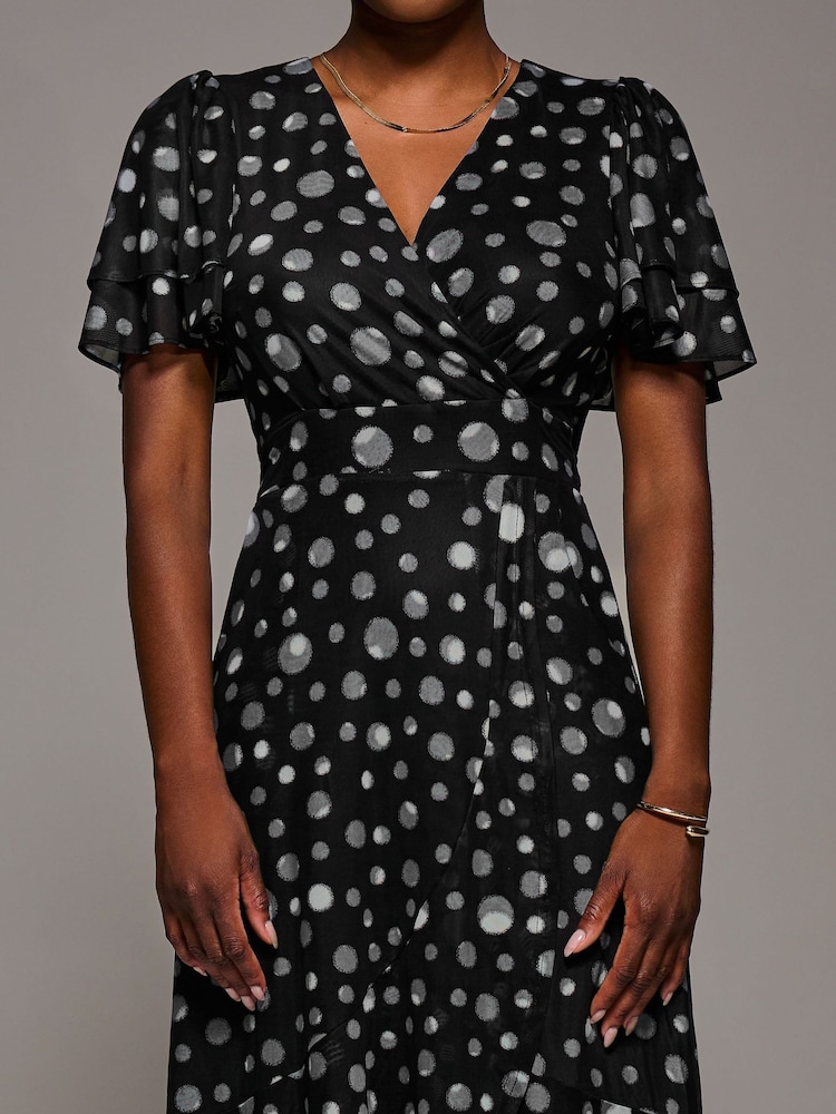 Jolie Moi Black Angel Sleeve Mesh Frill Wrap Maxi Dress - Image 6 of 6