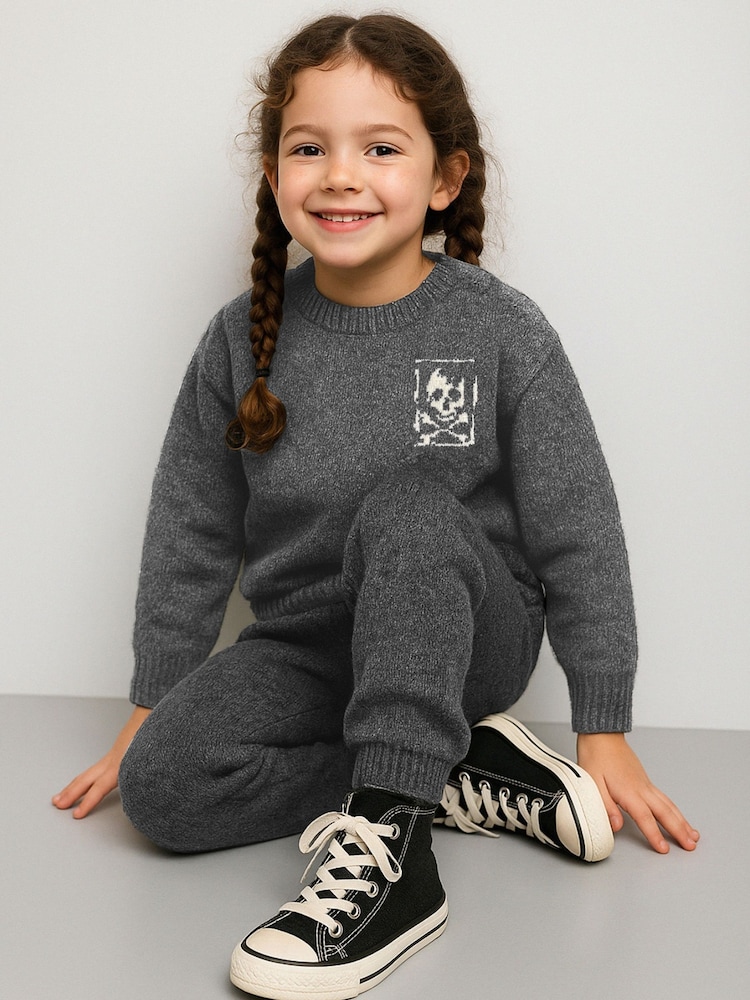 Religion Grey Skully Knitted Joggers With Small Skull & Crossbone Contrast Logo - Image 1 of 5