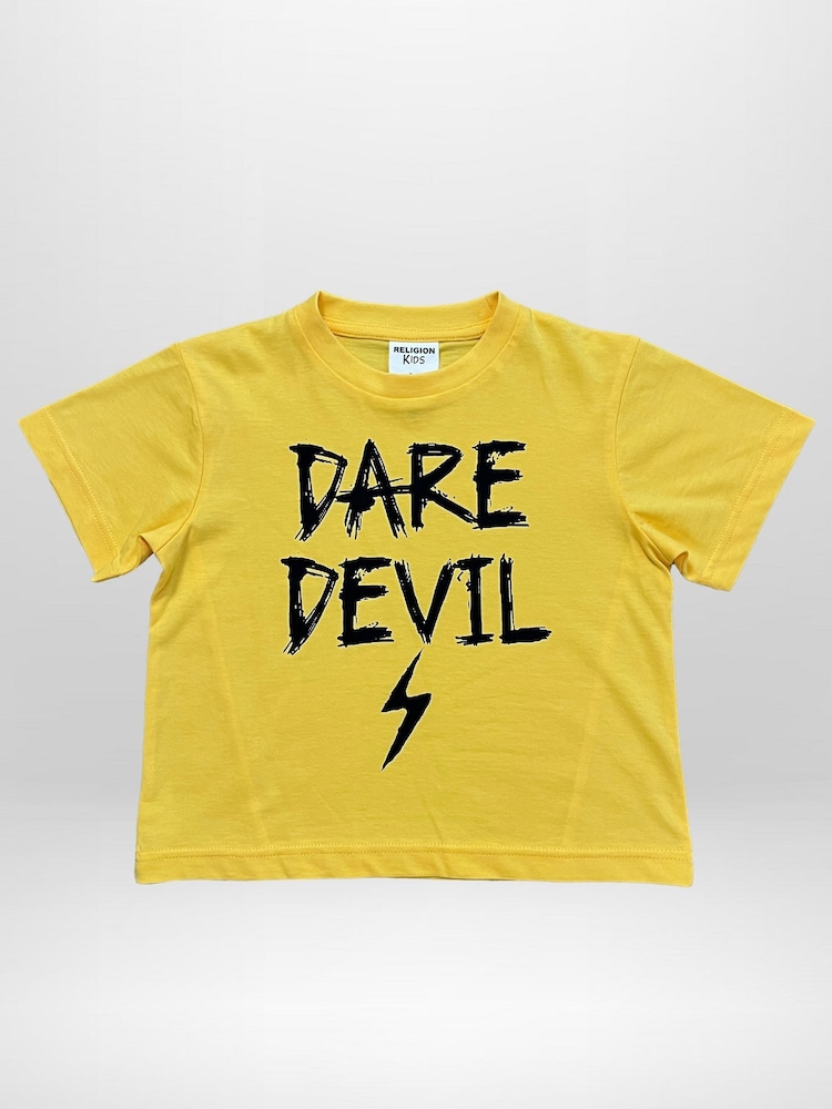 Religion Yellow Dare Devil Slogan T-Shirt With Lightning Bolt - Image 2 of 4