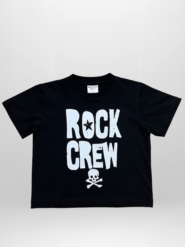 Religion Black Rock Crew T-Shirt With Bold Slogan And Skull And Cross Bone - Image 2 of 4