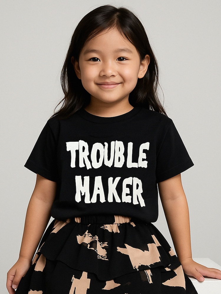 Religion Black Trouble Maker T-Shirt With Fun Contrast Slogan - Image 1 of 4