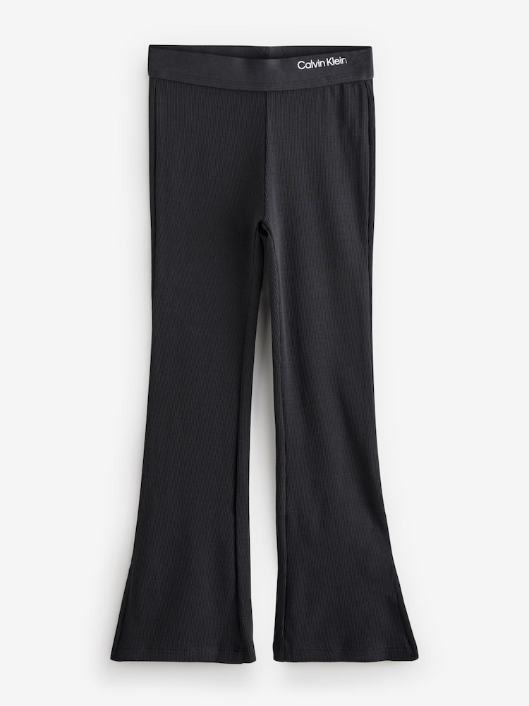 Calvin Klein Black Flared Ribbed Logo Trousers - Image 1 of 1 Calvin Klein Black Flared Ribbed Logo Trousers - Image 1 of 1