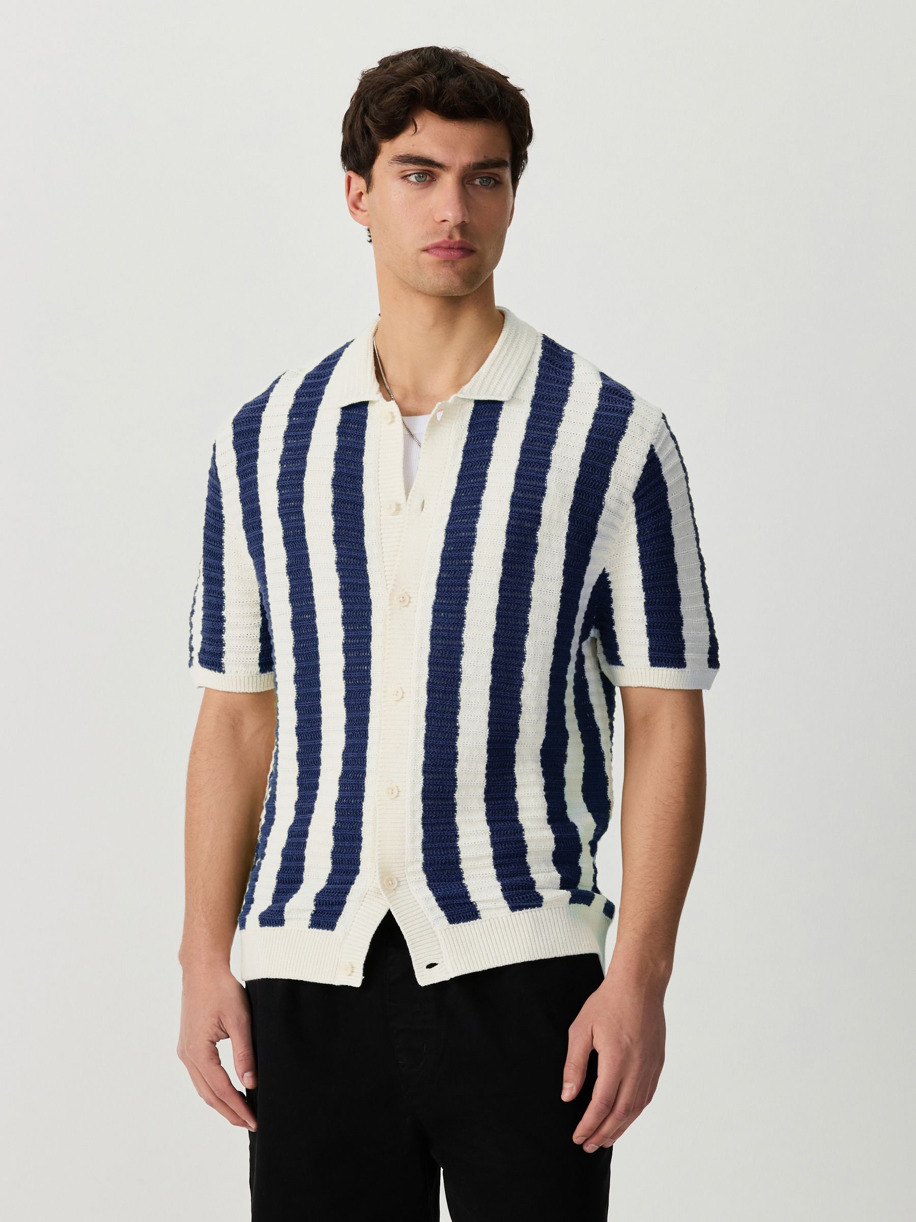 Buy White/Navy Blue Striped Crochet Knitted Shirt from the Next UK