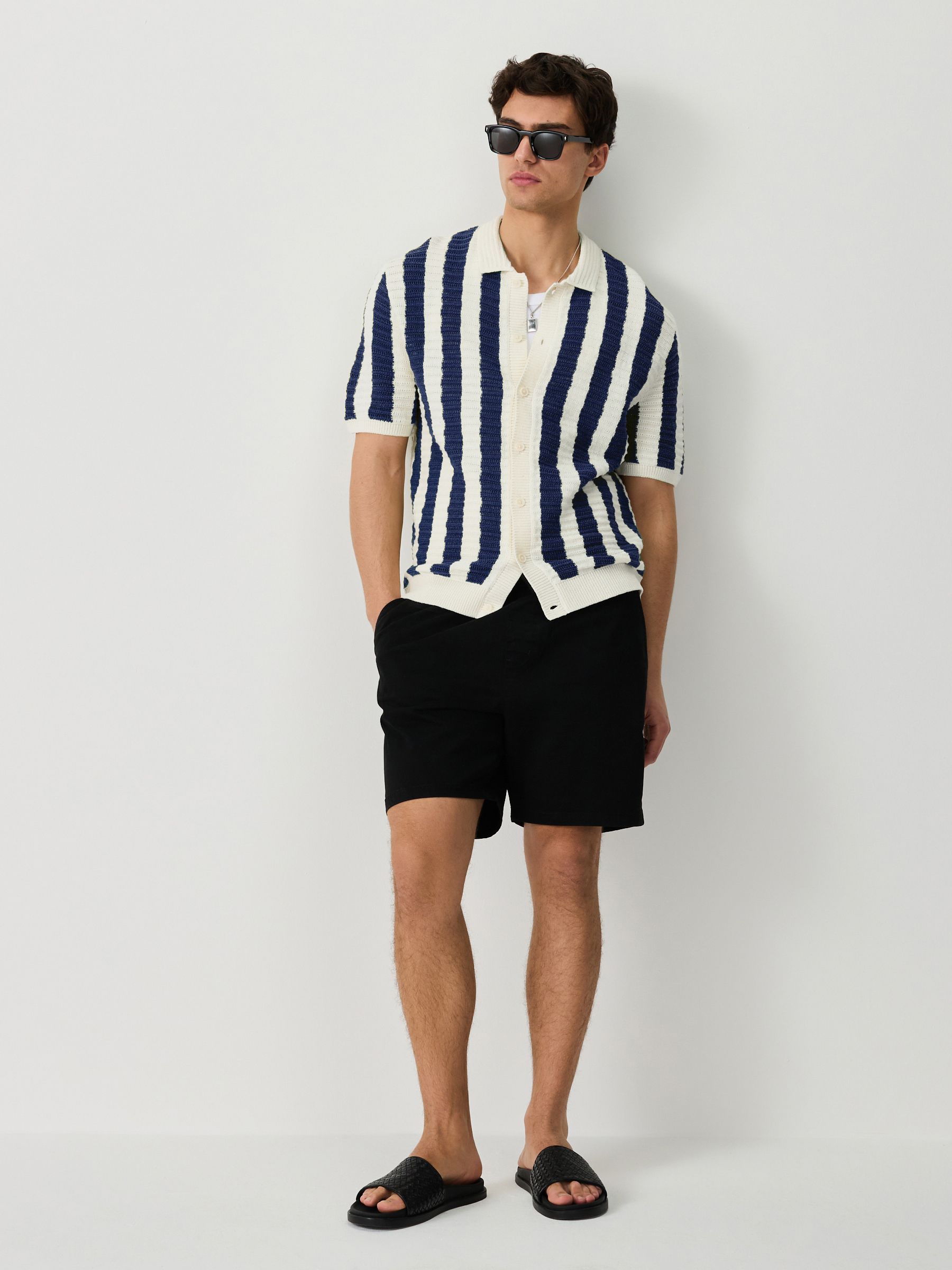 Buy White/Navy Blue Striped Crochet Knitted Shirt from Next Luxembourg