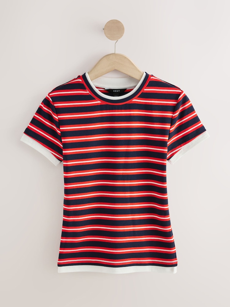 Red/Blue Stripe Short Sleeve Layered Crew Neck T-Shirt - Image 1 of 3
