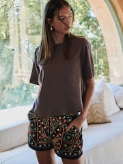 Chocolate Brown Short Sleeve Boxy T-Shirt with Linen - Image 1 of 8