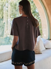 Chocolate Brown Short Sleeve Boxy T-Shirt with Linen - Image 4 of 8