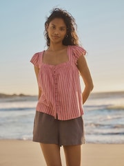Pink Stripe Flutter Sleeve Button Front Top With Linen - Image 2 of 8