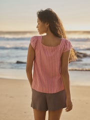 Pink Stripe Flutter Sleeve Button Front Top With Linen - Image 4 of 8