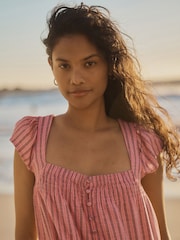 Pink Stripe Flutter Sleeve Button Front Top With Linen - Image 5 of 8