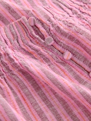 Pink Stripe Flutter Sleeve Button Front Top With Linen - Image 7 of 8