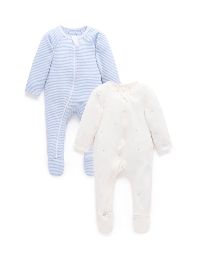 Purebaby Pale Blue Zip Baby Sleepsuits 2 Pack - Image 1 of 5 Purebaby Pale Blue Zip Baby Sleepsuits 2 Pack - Image 1 of 5