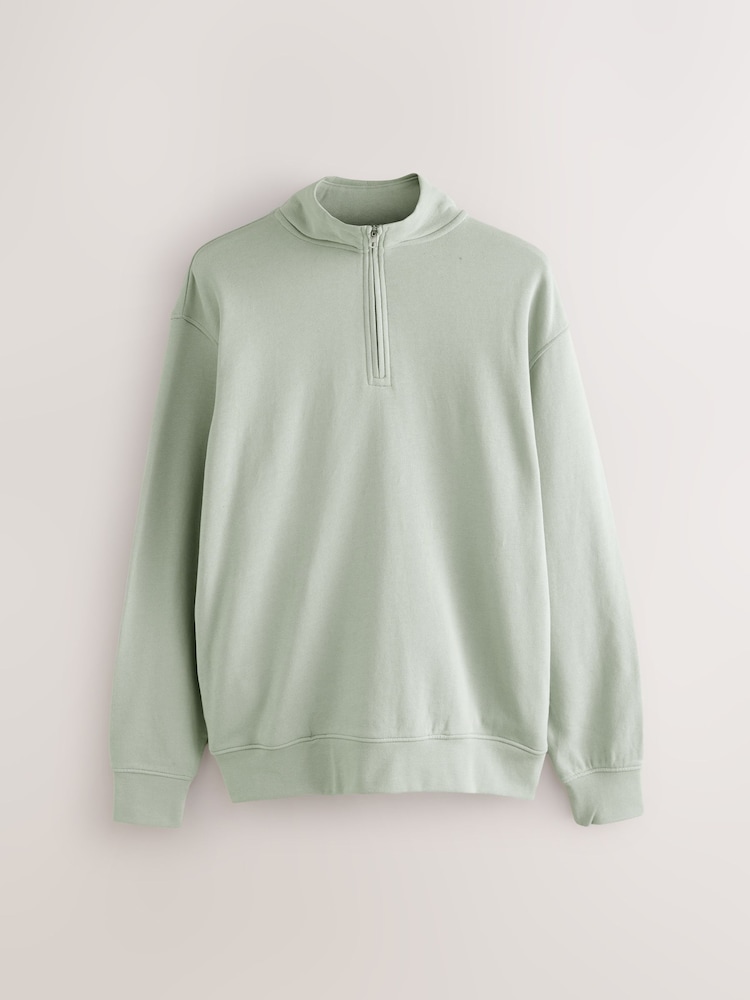 Sage Green Cotton Rich Lightweight Jersey Quarter Zip Sweatshirt - Image 1 of 3