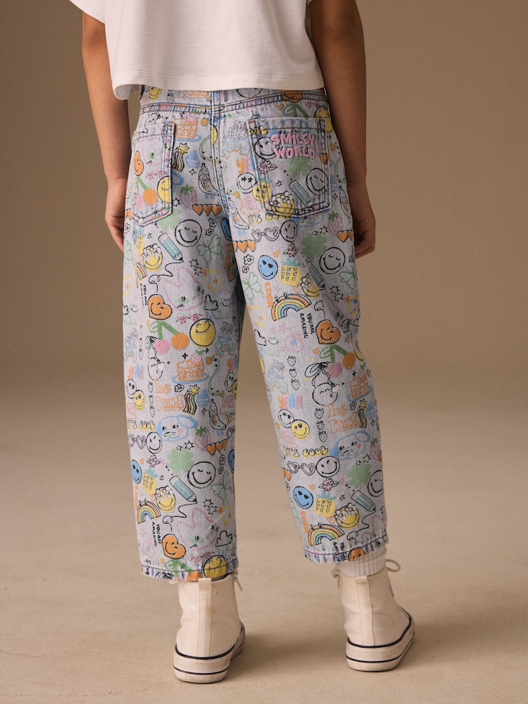 Smiley World Doodle Print - Barrel Leg Jeans (3-16yrs) - Imaginea 2 din 8