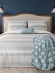 Helena Springfield Blue Teal Folk Stripe 100% Cotton Duvet Set - Image 1 of 6
