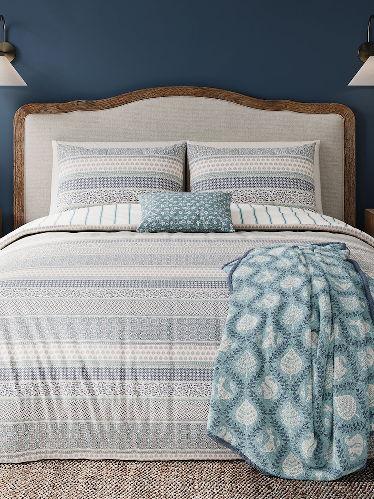 Helena Springfield Blue Teal Folk Stripe 100% Cotton Duvet Set - Image 1 of 6 Helena Springfield Blue Teal Folk Stripe 100% Cotton Duvet Set - Image 1 of 6