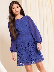 Lipsy Cobalt Blue Lace Chiffon Occasion Dress (5-16yrs) - Image 1 of 5