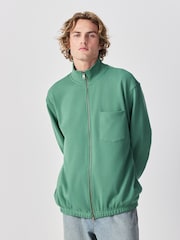 Green Tunneled Hem Lightweight Jersey Zip Through Funnel Sweat Top - Image 1 of 6