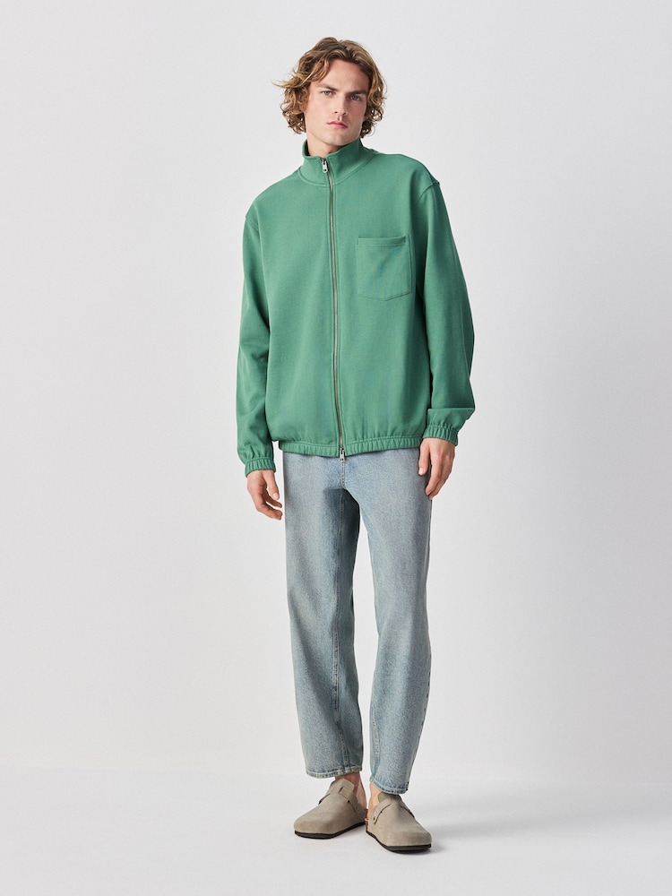 Green Tunneled Hem Lightweight Jersey Zip Through Funnel Sweat Top - Image 2 of 6
