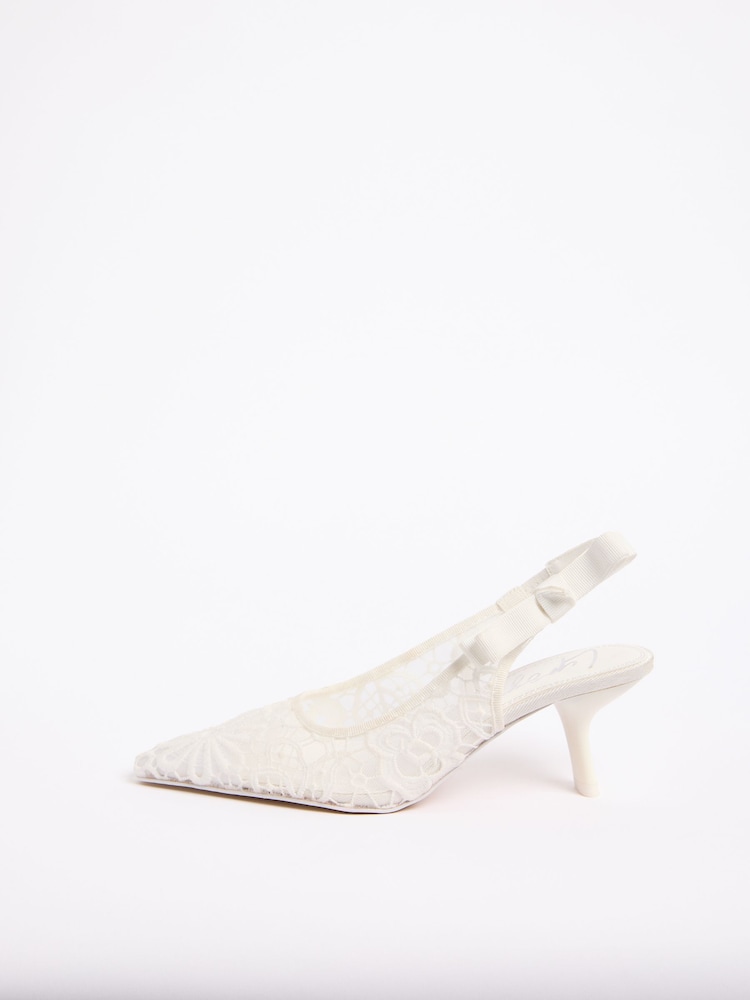 Lipsy White Standard Fit Bridal Lace Slingback Bow Mid Heel Court Shoes - Image 5 of 5 Lipsy White Standard Fit Bridal Lace Slingback Bow Mid Heel Court Shoes - Image 5 of 5
