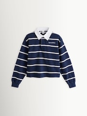 Sporty & Rich Blue Serif Logo Stripe Rugby Polo Jumper - Image 1 of 4