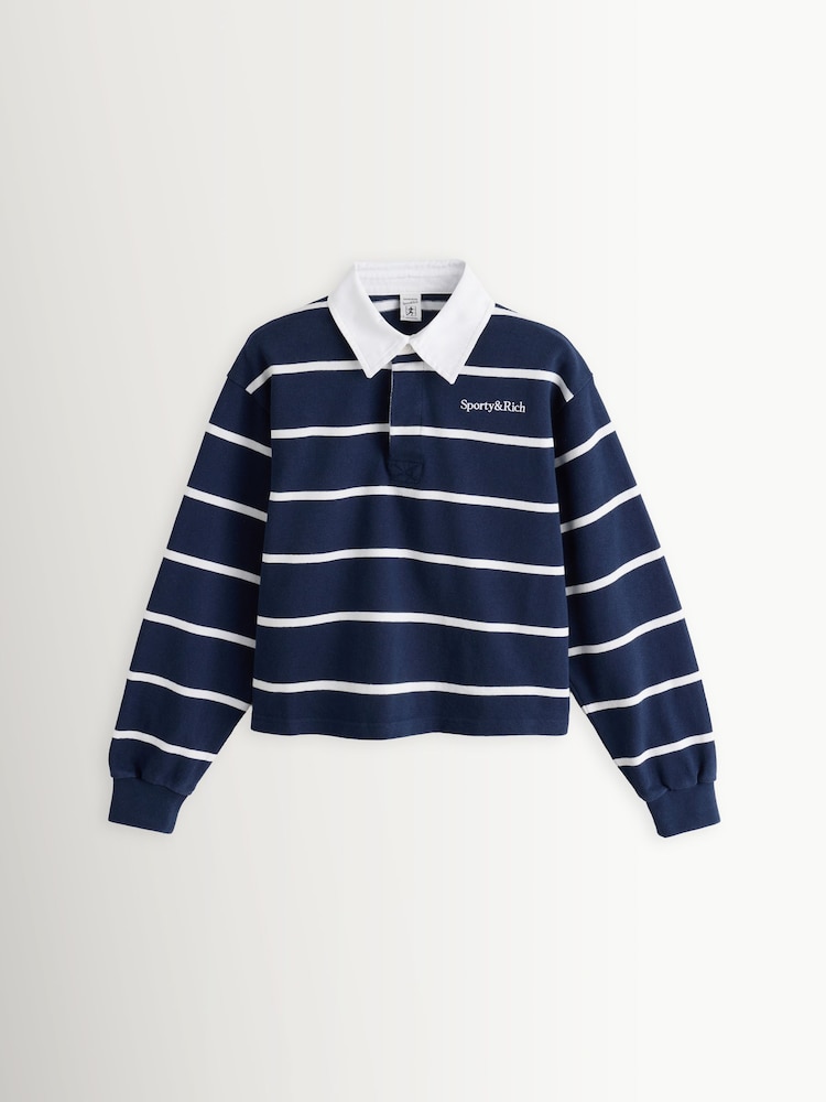 Sporty & Rich Blue Serif Logo Stripe Rugby Polo Jumper - Image 1 of 4
