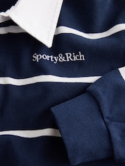 Sporty & Rich Blue Serif Logo Stripe Rugby Polo Jumper - Image 4 of 4