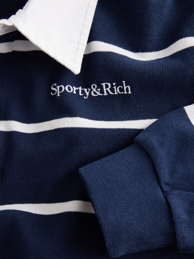 Sporty & Rich Blue Serif Logo Stripe Rugby Polo Jumper - Image 4 of 4